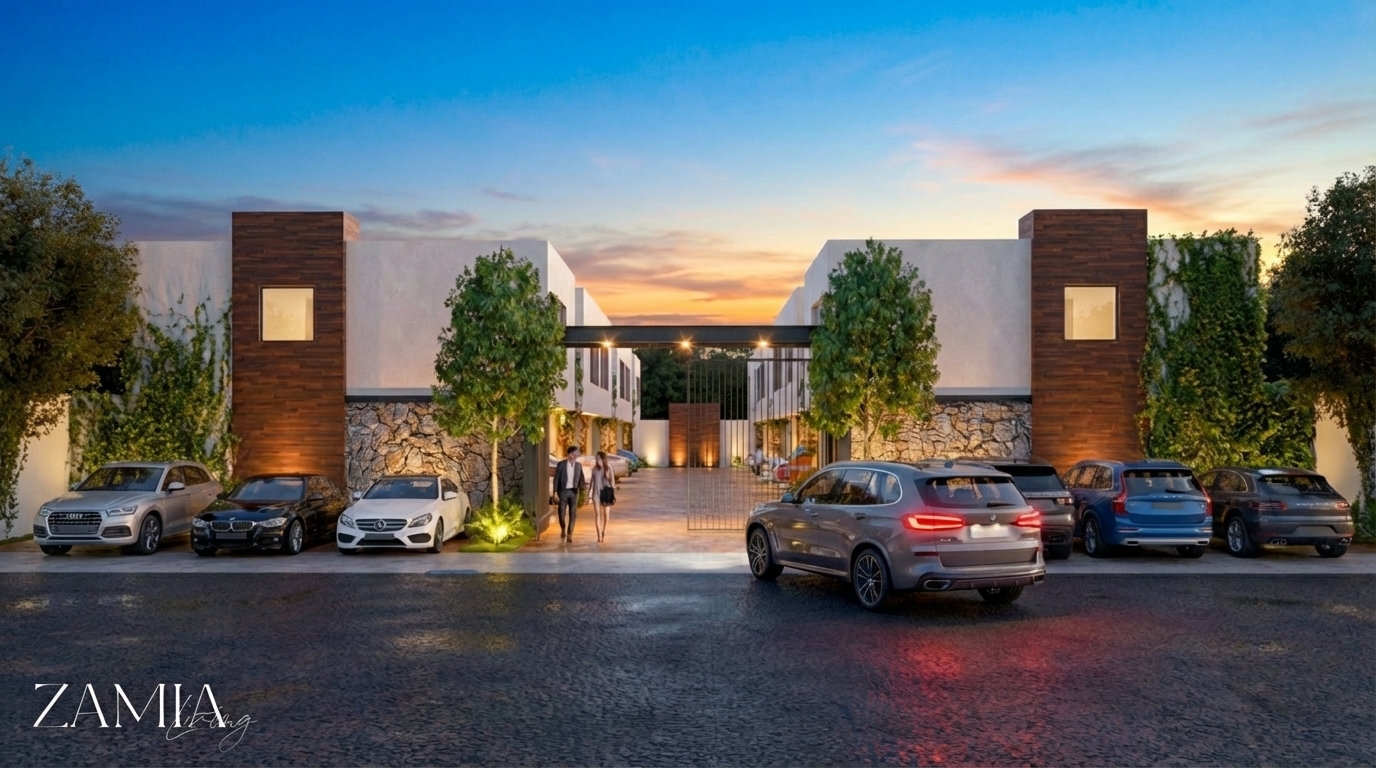 Fachada principal de townhouses Zamia Living al norte de Mérida