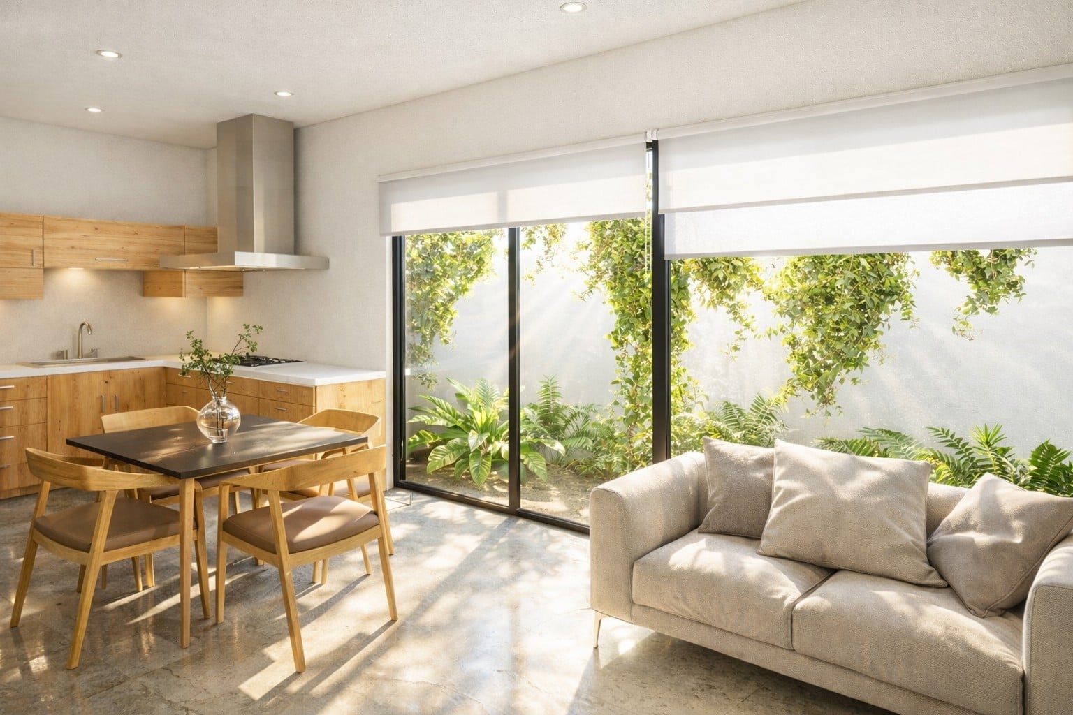 Amplia sala, comedor y cocina de townhouse en Mérida